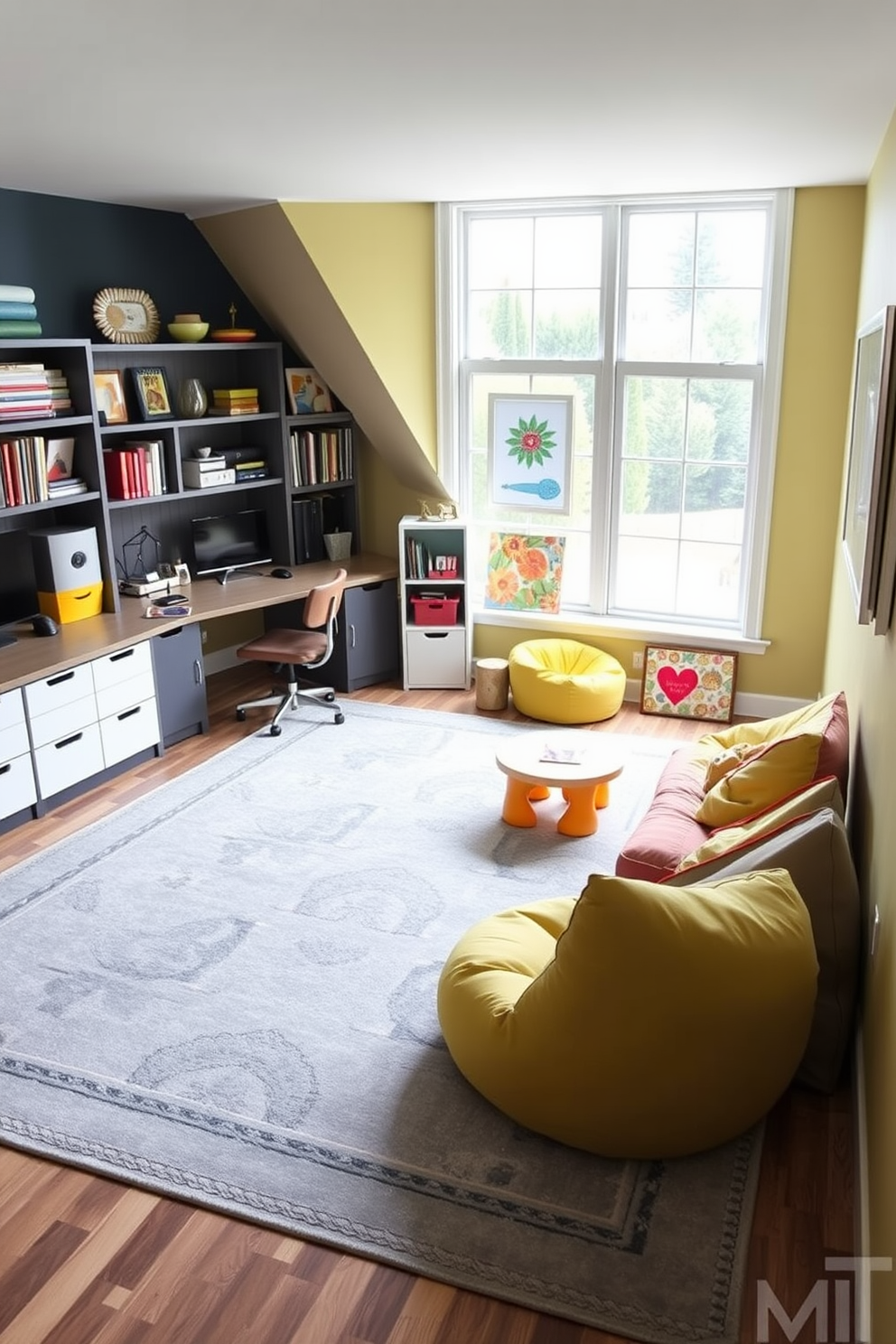 A stylish playroom design featuring custom built-in shelves painted in soft pastel colors. The shelves are filled with neatly organized bins for toys and supplies, creating a functional yet playful atmosphere. A modern home office integrated into the playroom with a sleek desk made of reclaimed wood. The workspace is adorned with vibrant artwork and a comfortable chair, ensuring a creative and inspiring environment for both work and play.