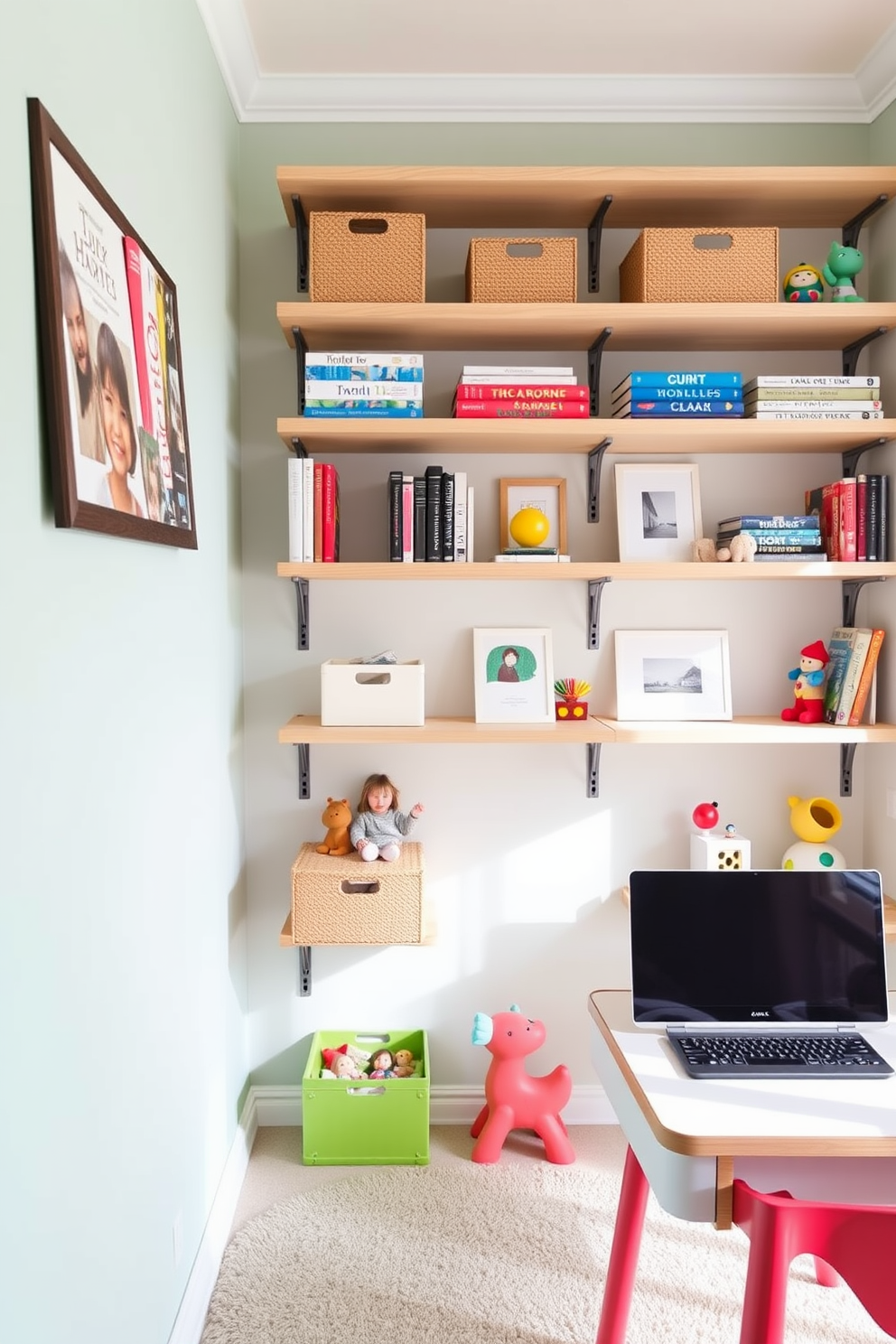 A modern home office and playroom combo designed for creativity and productivity. The space features soundproofing elements like acoustic panels on the walls and a plush area rug to absorb noise. The office area includes a sleek desk with ergonomic seating and ample storage for supplies. Adjacent to it, the playroom is filled with colorful shelving, soft seating, and a variety of toys to inspire play and learning.