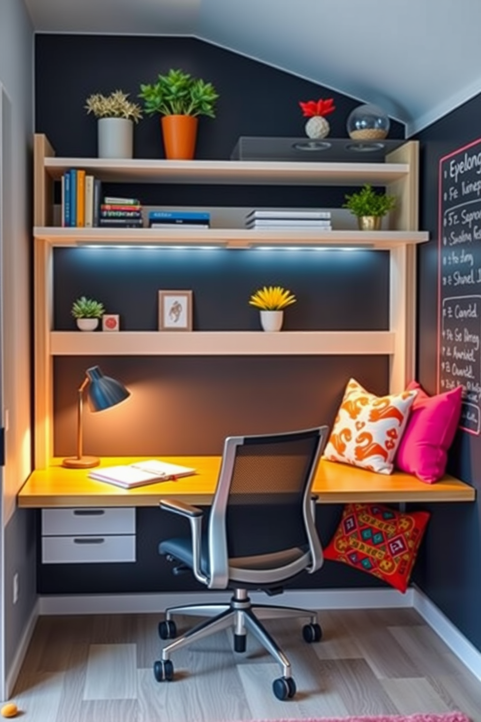 Cozy reading nook for relaxation. A plush armchair is positioned next to a large window, with soft natural light streaming in. A small side table holds a steaming cup of tea and a stack of books. The walls are adorned with warm-toned artwork, and a thick area rug adds comfort underfoot. Home Office and Playroom Combo Design Ideas. A sleek desk is placed against one wall, with colorful storage bins neatly organized nearby. A comfortable sofa doubles as a play area, surrounded by playful decor and bright cushions. The space features a chalkboard wall for creativity and inspiration, blending functionality with fun.