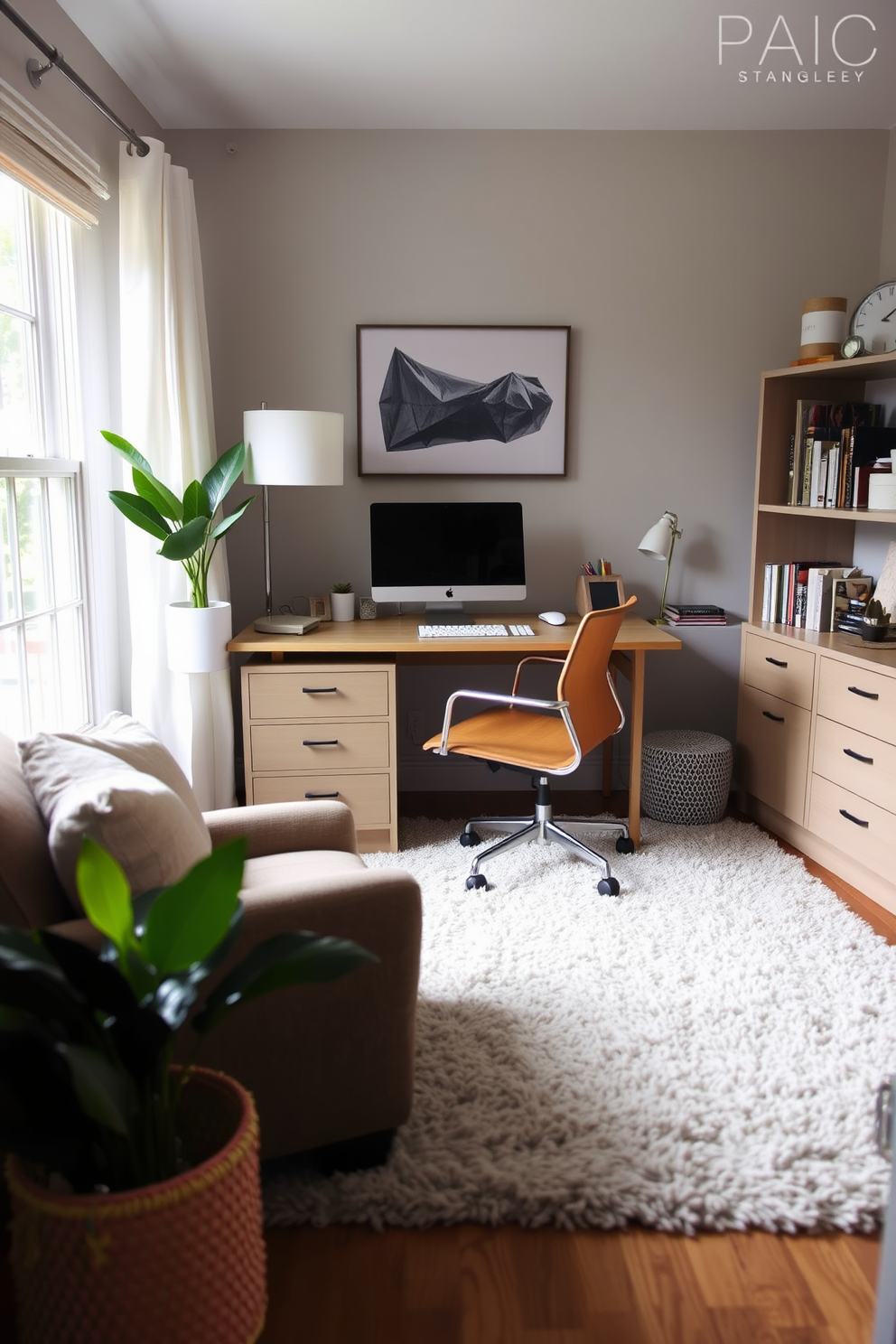 A cozy home office features a plush area rug that adds warmth under the desk space. The rug is designed with soft textures and a soothing color palette that complements the overall decor.