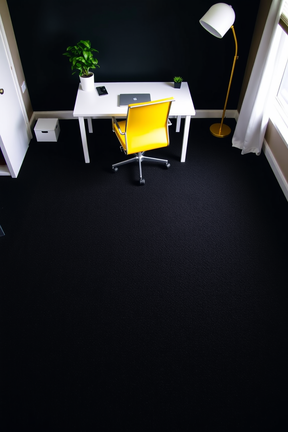 A home office featuring a dark carpet that serves as a grounding element for the bright furniture. The space includes a sleek white desk paired with a vibrant yellow office chair, creating a striking contrast against the rich tones of the carpet.