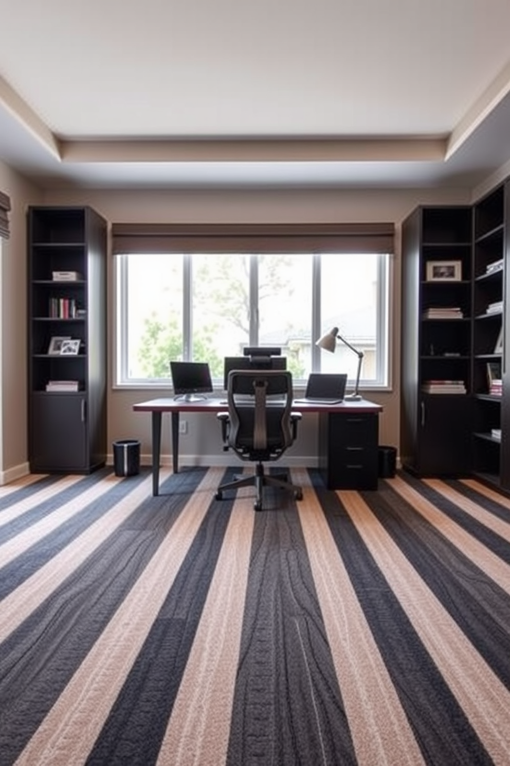 A stylish home office features a striped carpet that visually elongates the room, creating a sense of spaciousness. The desk is positioned to maximize natural light, complemented by a comfortable ergonomic chair and sleek shelving units.