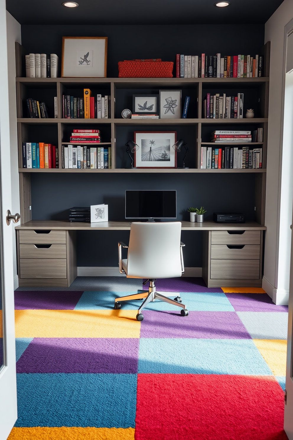 A modern home office featuring a customizable layout with vibrant carpet tiles in a geometric pattern. The workspace includes a sleek desk with an ergonomic chair, surrounded by shelves filled with books and decorative items.