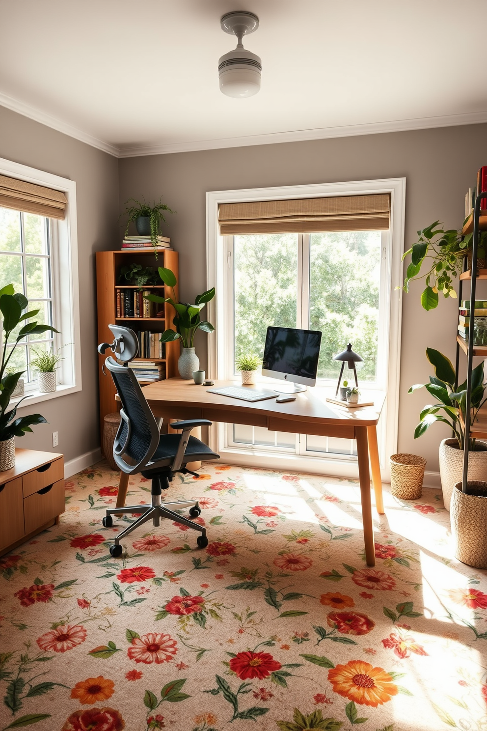 A cozy home office featuring a floral carpet that brings nature indoors. The space is filled with natural light from a large window, highlighting a sleek wooden desk and a comfortable ergonomic chair. Surrounding the desk are shelves filled with books and decorative plants, creating an inspiring work environment. The floral carpet adds a vibrant touch, complementing the neutral color palette of the walls and furniture.