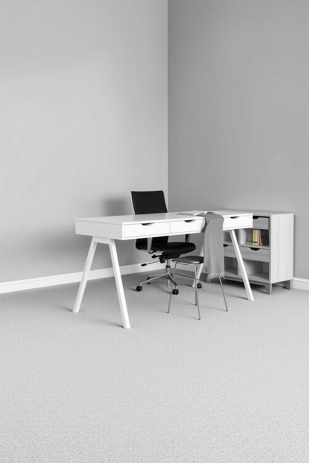 A modern home office featuring a monochromatic carpet that enhances the sleek finish of the space. The walls are painted in a soft gray, and a minimalist desk with clean lines sits atop the carpet, complemented by an ergonomic chair.