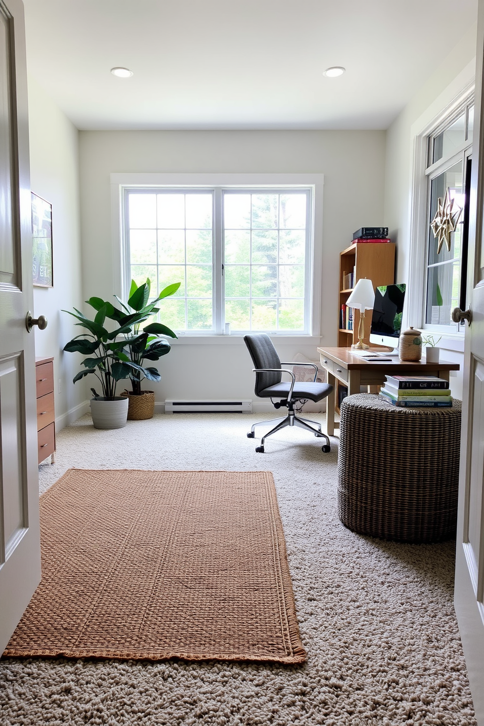 A brightly lit office space features large windows that allow natural light to flood the room. The floor is covered with a soft, plush carpet in a neutral tone that adds warmth and comfort to the environment. The desk is sleek and modern, positioned to take advantage of the sunlight. Surrounding the workspace are stylish shelves filled with books and decorative items that enhance the overall aesthetic.