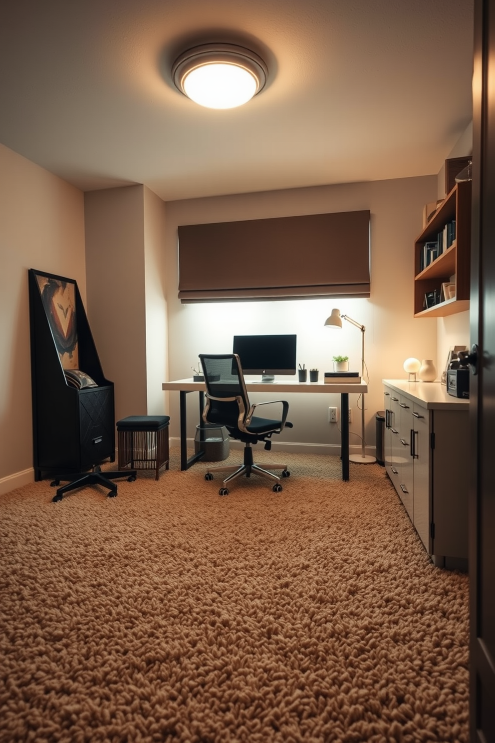 A cozy home office featuring a plush shag carpet that adds warmth and comfort to the space. The room is adorned with a modern desk and an ergonomic chair, complemented by soft lighting that creates an inviting atmosphere.