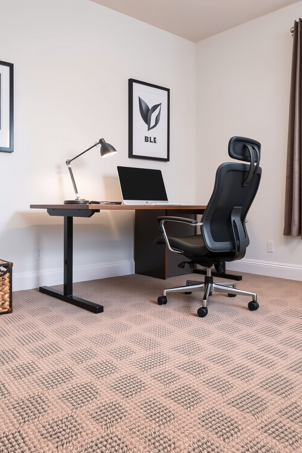 A stylish workspace featuring a sleek wooden desk positioned against a wall with built-in shelves filled with books and decorative items. The floor is covered in contrasting carpet colors, with a vibrant area rug under the desk that adds a pop of color to the neutral-toned room. The home office is designed with a comfortable ergonomic chair that complements the desk. Large windows allow natural light to flood the space, enhancing the inviting atmosphere and making it perfect for productivity.