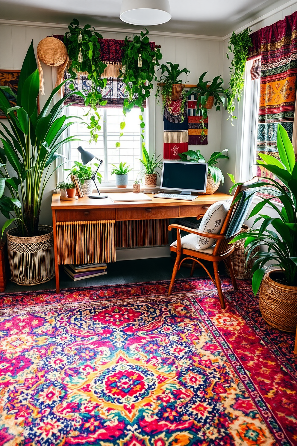 A cozy home office space infused with bohemian flair. The room features a large wooden desk adorned with fringe detailing, surrounded by lush plants and colorful textiles. The floor is covered with a vibrant patterned carpet that adds warmth and personality to the space. A comfortable chair with soft cushions sits beside the desk, creating an inviting atmosphere for creativity and productivity.