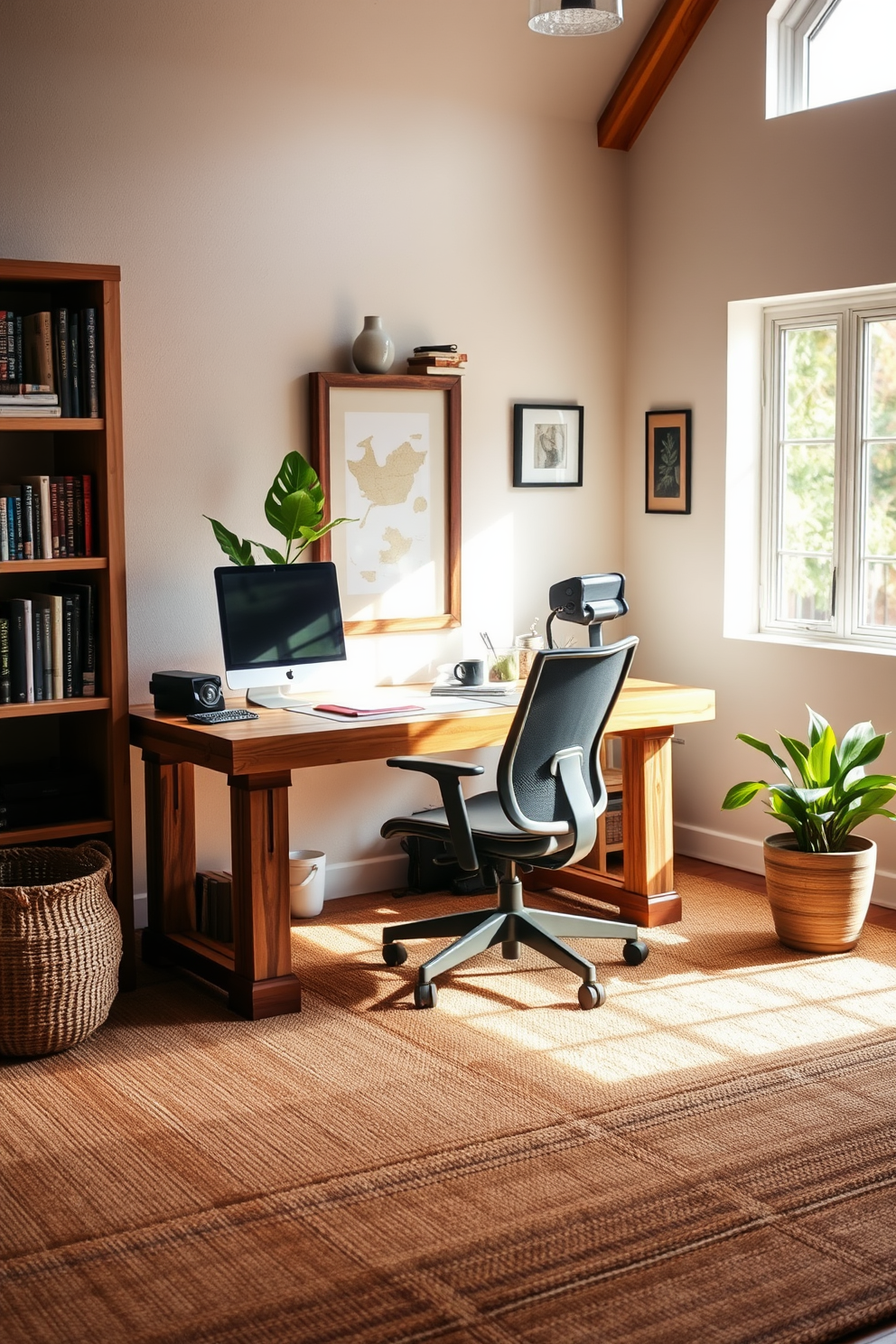 A cozy home office features a rustic jute carpet that adds warmth and texture to the space. The desk is made of reclaimed wood, complemented by a comfortable ergonomic chair and soft natural light streaming through a nearby window. Shelves filled with books and decorative items line the walls, creating an inviting atmosphere. A potted plant in the corner enhances the earthy aesthetics, bringing a touch of nature indoors.