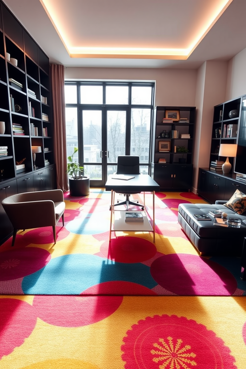 A stylish home office featuring a bold patterned carpet that adds a pop of color and visual interest to the space. The desk is positioned on the carpet, surrounded by sleek modern furniture and warm lighting that creates an inviting atmosphere. Large windows allow natural light to flood the room, enhancing the vibrant patterns of the carpet. Shelves lined with books and decorative objects provide a personal touch, making the office both functional and aesthetically pleasing.