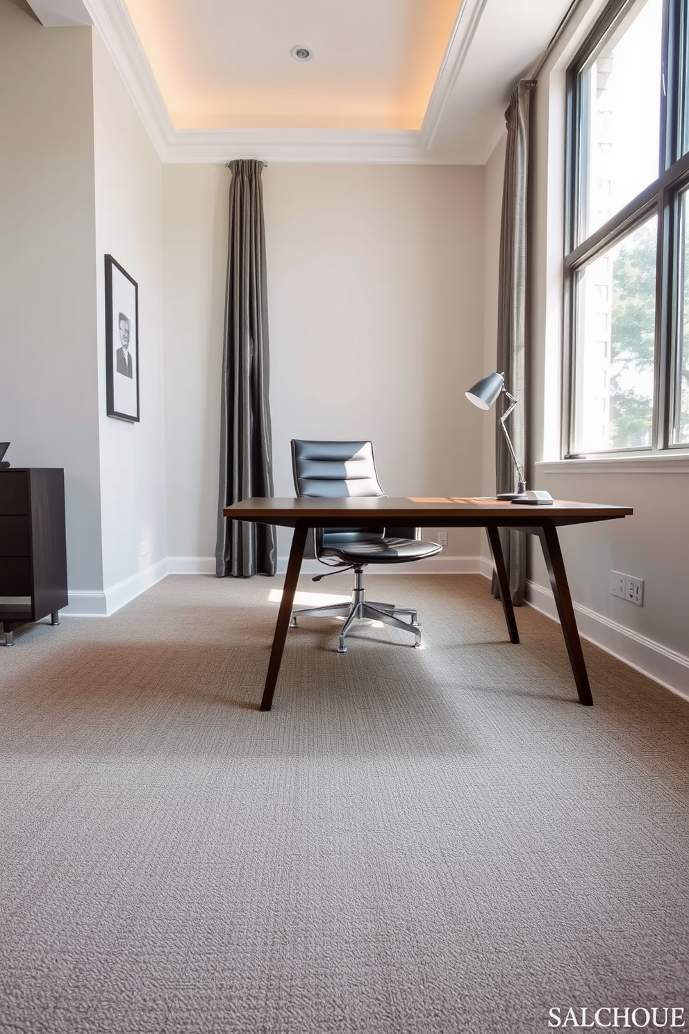 A warm and inviting home office featuring plush carpet in rich earthy tones. The space includes a large wooden desk positioned by a window, surrounded by bookshelves filled with books and decorative items.