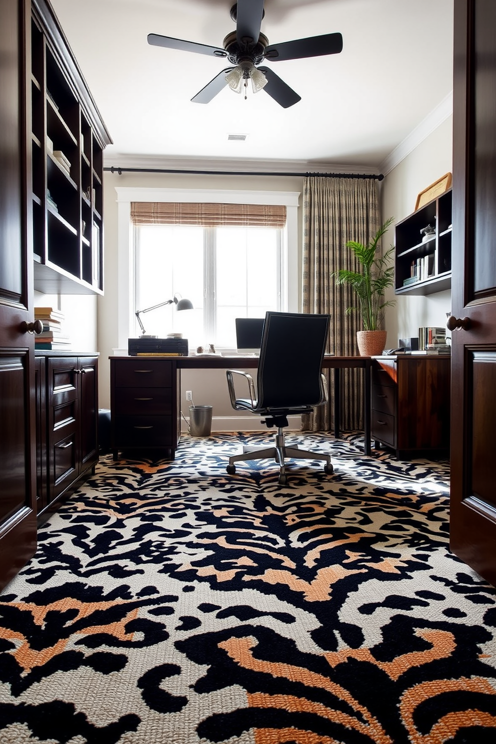 A home office featuring a striking animal print carpet that adds a bold statement to the space. The room is filled with natural light, showcasing a sleek wooden desk and a comfortable ergonomic chair.