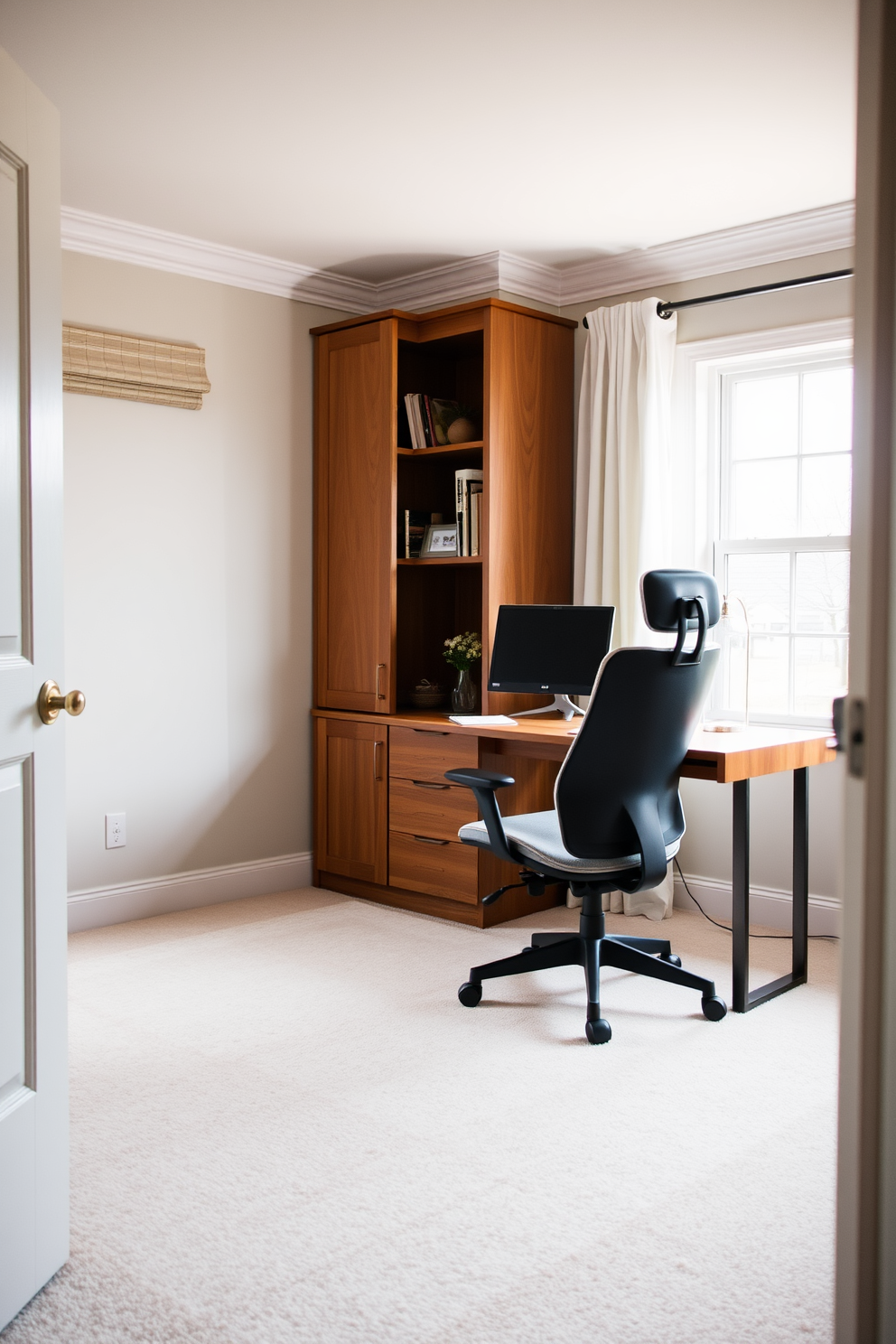 A cozy home office featuring a pastel carpet that adds warmth and softness to the overall design. The room is filled with natural light, highlighting a sleek wooden desk paired with a comfortable ergonomic chair.