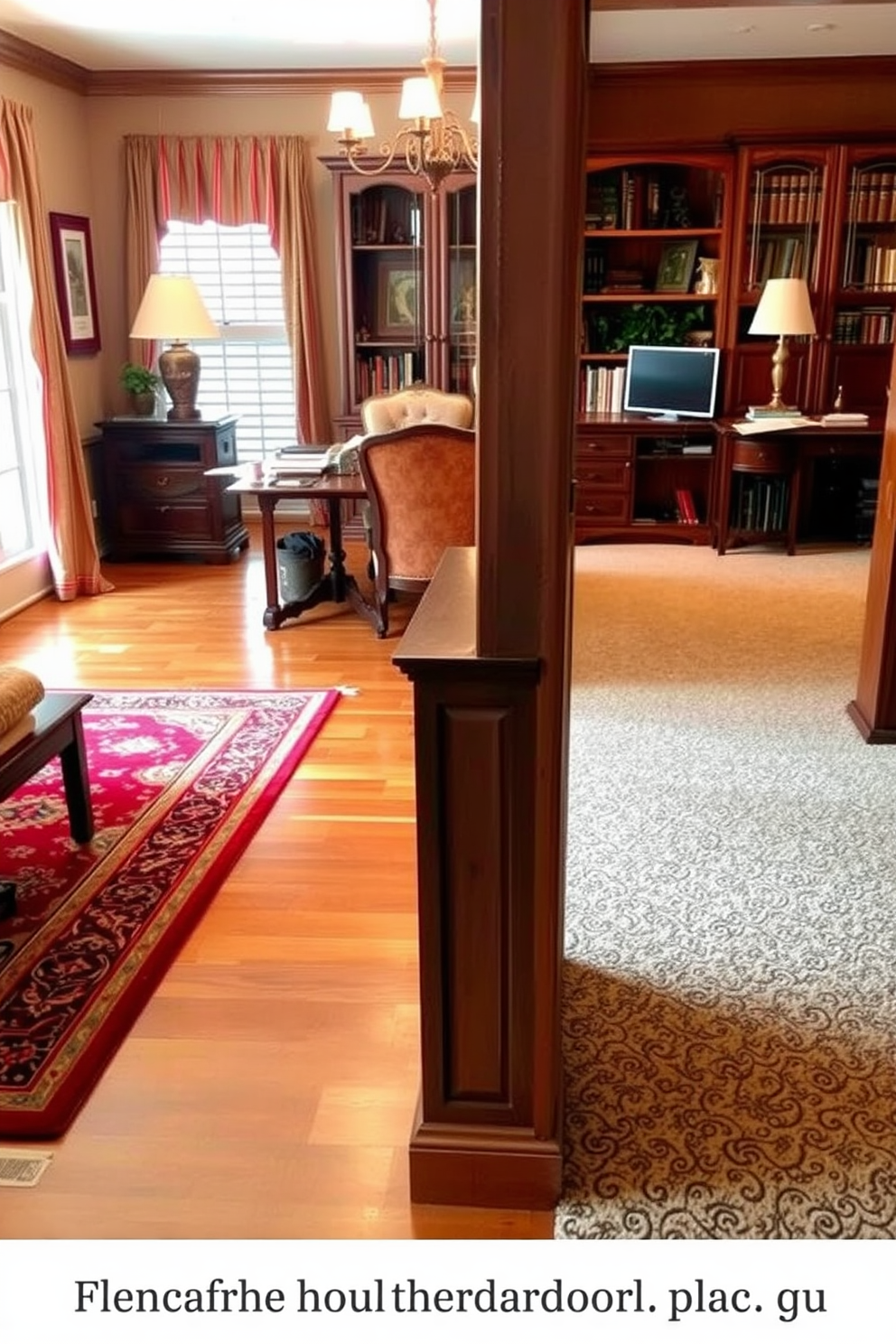 An inviting home office space features layered area rugs that add warmth and texture to the room. The rugs are in complementary colors, creating a cozy atmosphere that encourages productivity and comfort. The office desk is made of dark wood, paired with a stylish ergonomic chair. Natural light floods the room through large windows, highlighting the soft hues of the carpet design and the carefully selected decor.