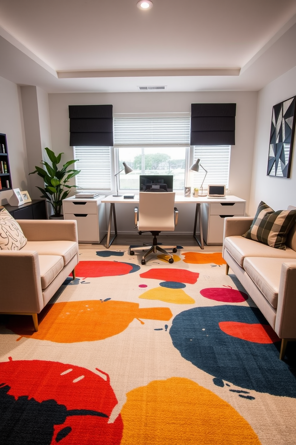 A vibrant home office featuring a large wooden desk positioned in front of a window. The floor is adorned with playful carpet patterns in bright colors that energize the space. On the walls, there are shelves filled with books and decorative items, adding personality to the room. A comfortable chair with a modern design complements the desk, creating an inviting atmosphere for creativity.