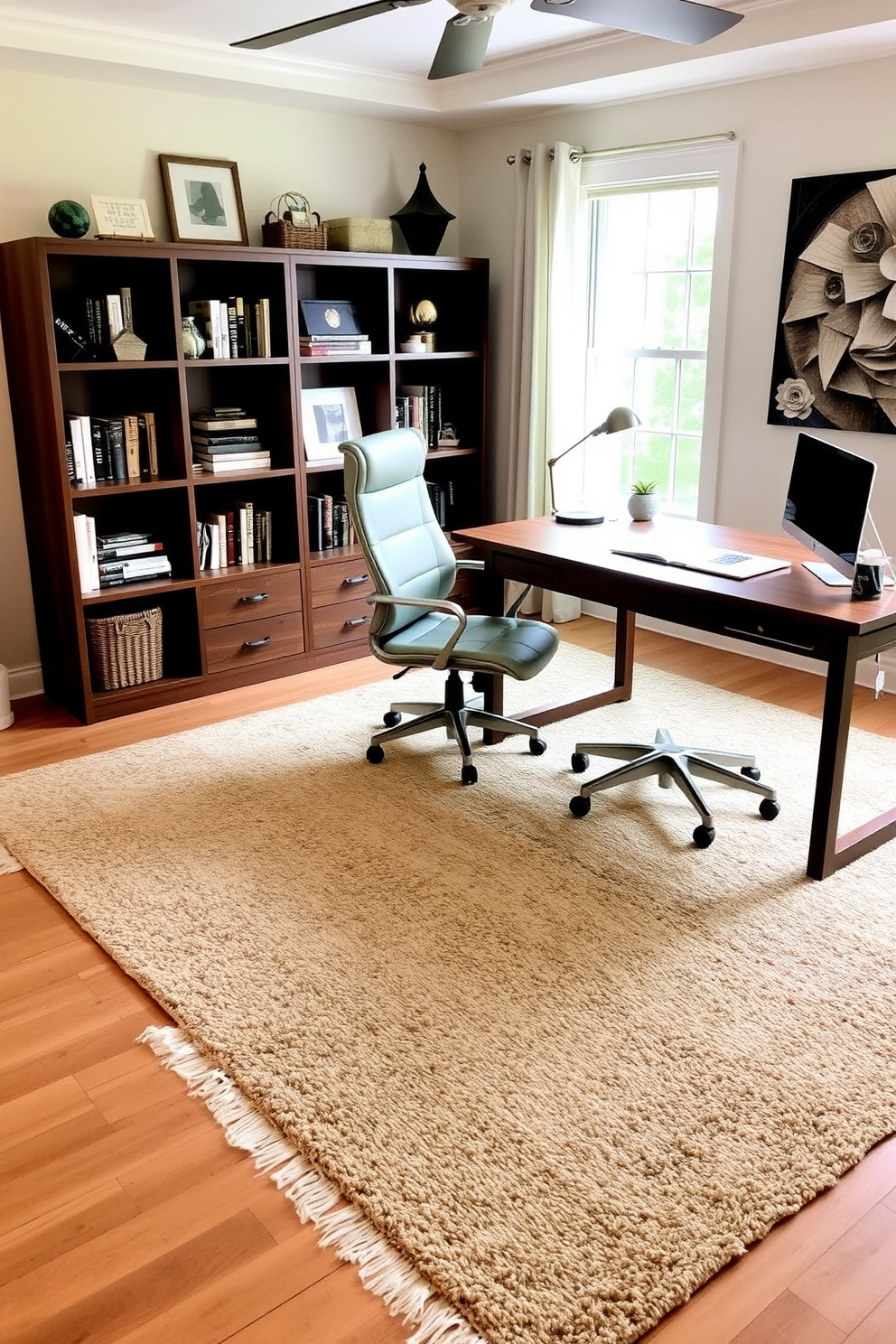 A traditional office featuring an elegant carpet design. The room is adorned with rich wood furniture, including a large desk and a comfortable leather chair. The walls are painted in a warm beige tone, creating a cozy atmosphere. Large windows allow natural light to flood the space, highlighting the intricate patterns of the carpet.