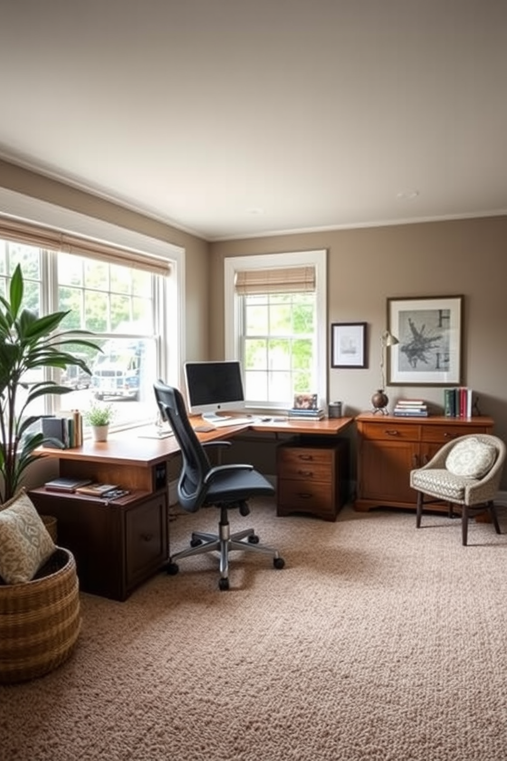 A home office featuring bright accents against a dark carpet base. The walls are painted in a soft white, and a sleek desk with vibrant decor adds a pop of color.