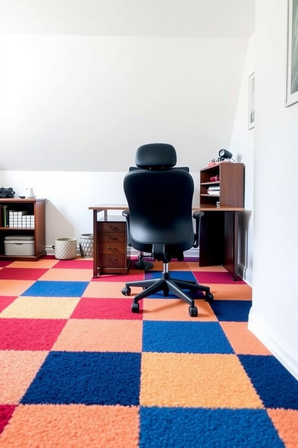 A playful home office setting features a checkered carpet in vibrant colors that adds energy to the space. The walls are painted in a soft white, creating a bright and inviting atmosphere complemented by a sleek wooden desk and a comfortable ergonomic chair.