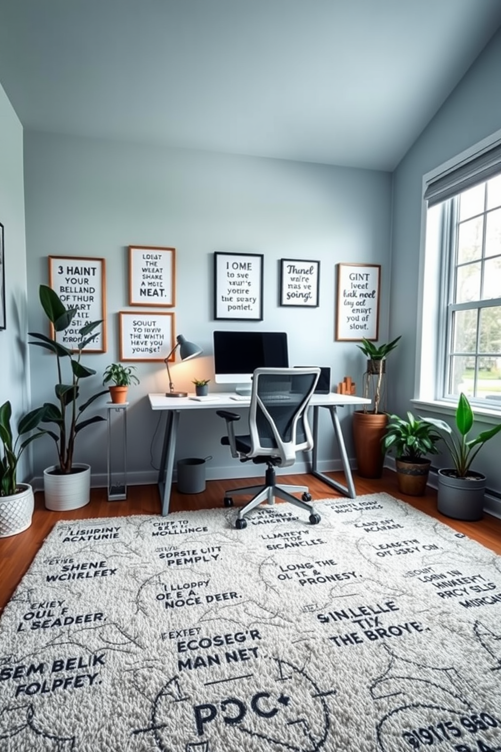 A vibrant home office setting featuring a lively carpet with bold colors that energize the space. The carpet showcases an abstract pattern with shades of blue, orange, and yellow, creating a dynamic focal point in the room. The office desk is made of sleek glass and metal, positioned on the colorful carpet for a modern touch. Surrounding the desk are ergonomic chairs in complementary colors, enhancing both comfort and style.