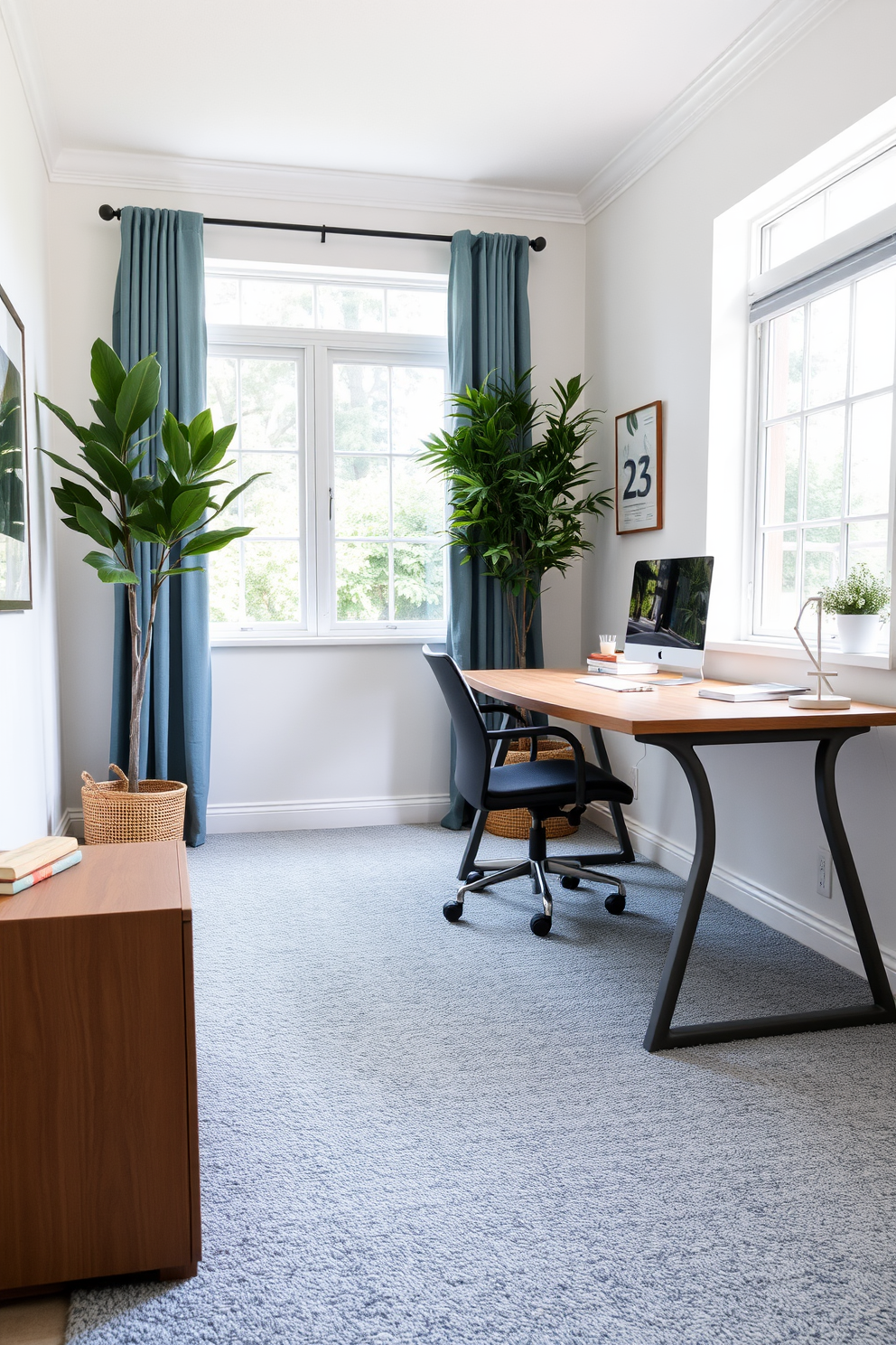 A tranquil home office featuring calming tones with soft beige carpet that envelops the floor. The walls are painted in a light pastel shade, creating a soothing atmosphere complemented by natural light streaming through large windows. A sleek wooden desk sits against one wall, adorned with minimalistic decor and a stylish desk lamp. A comfortable ergonomic chair is positioned at the desk, inviting productivity in this serene workspace.