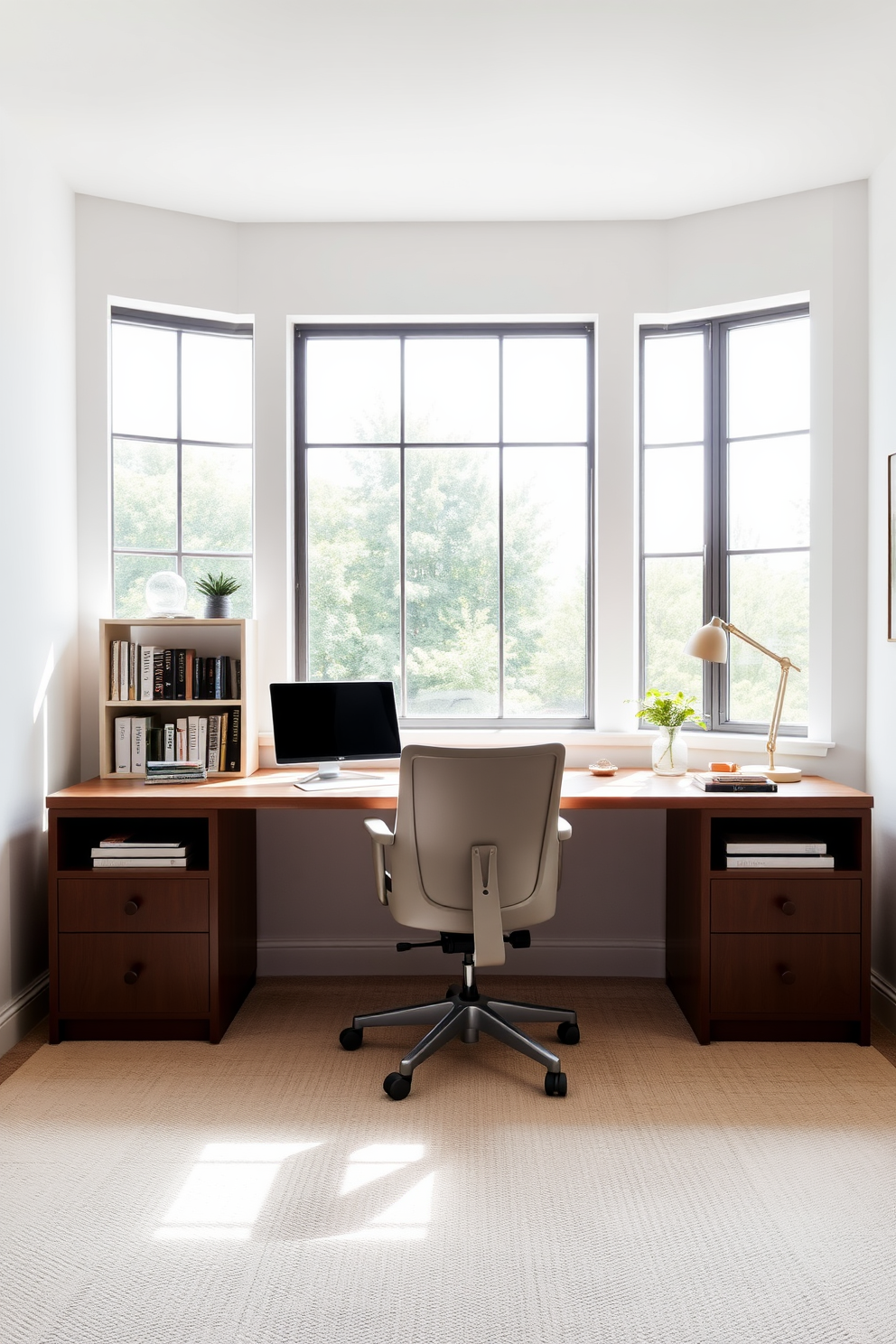 A serene home office space featuring a neutral carpet that enhances the natural light flowing in through large windows. The walls are painted in a soft white hue, creating a bright and airy atmosphere for productivity. A sleek wooden desk is positioned in front of the windows, complemented by a comfortable ergonomic chair. Decorative elements include a minimalist bookshelf filled with curated books and a stylish desk lamp that adds a touch of elegance.