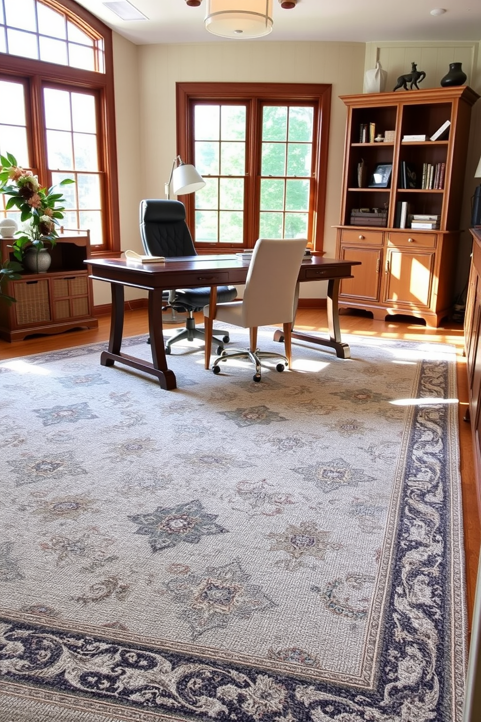 A home office featuring a transitional carpet that seamlessly blends traditional patterns with modern aesthetics. The carpet is layered over hardwood floors, providing warmth and comfort in the workspace. The office is furnished with a sleek wooden desk paired with a comfortable ergonomic chair. Natural light floods the room through large windows, highlighting the harmonious color palette of the carpet and surrounding decor.