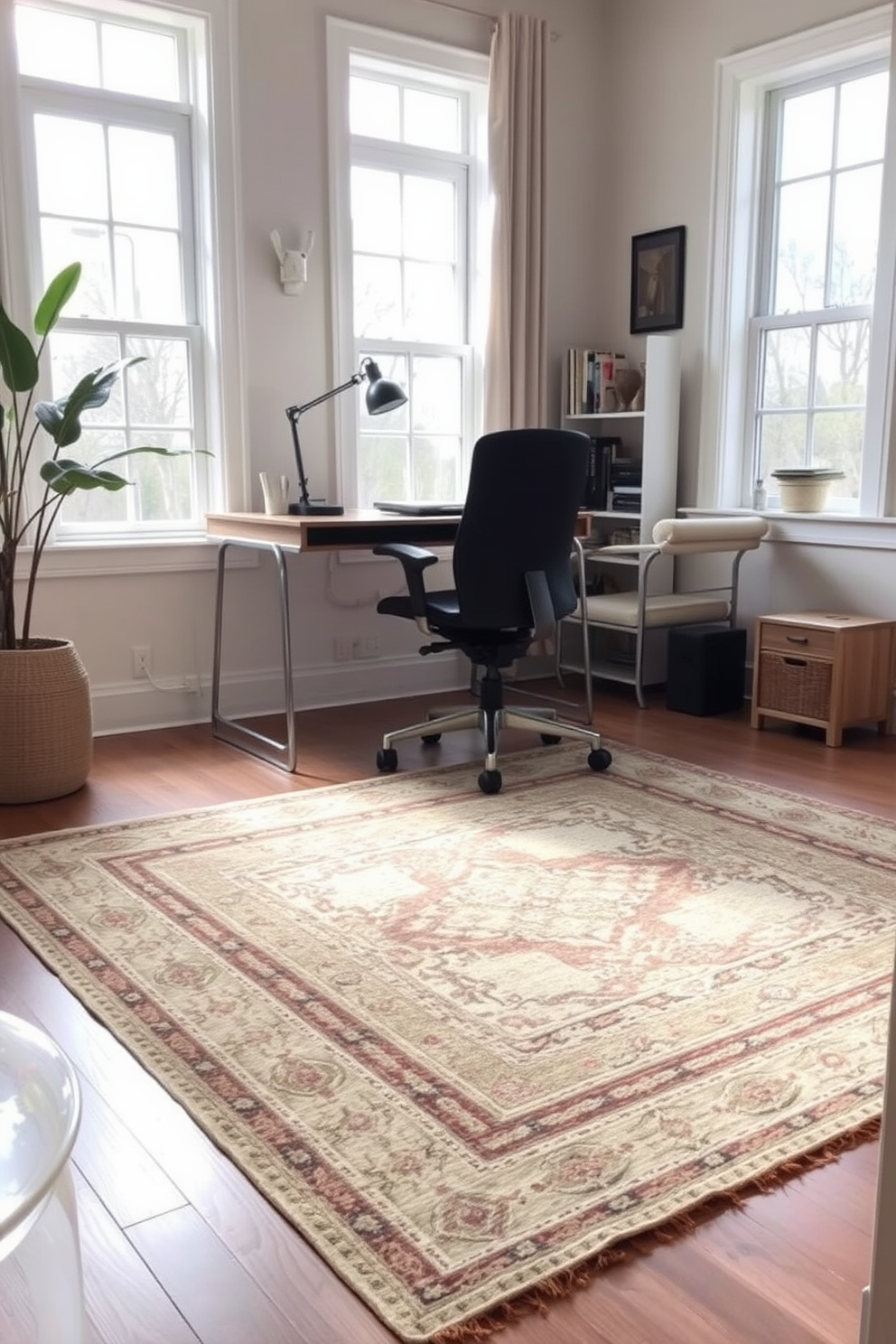 A cozy home office setting featuring layered rugs for added texture and warmth. The floor is adorned with a large neutral-toned area rug topped with a smaller, intricately patterned rug, creating a welcoming atmosphere. The workspace includes a sleek wooden desk paired with a comfortable ergonomic chair. Natural light floods the room through large windows, illuminating the soft color palette of the walls and furnishings.