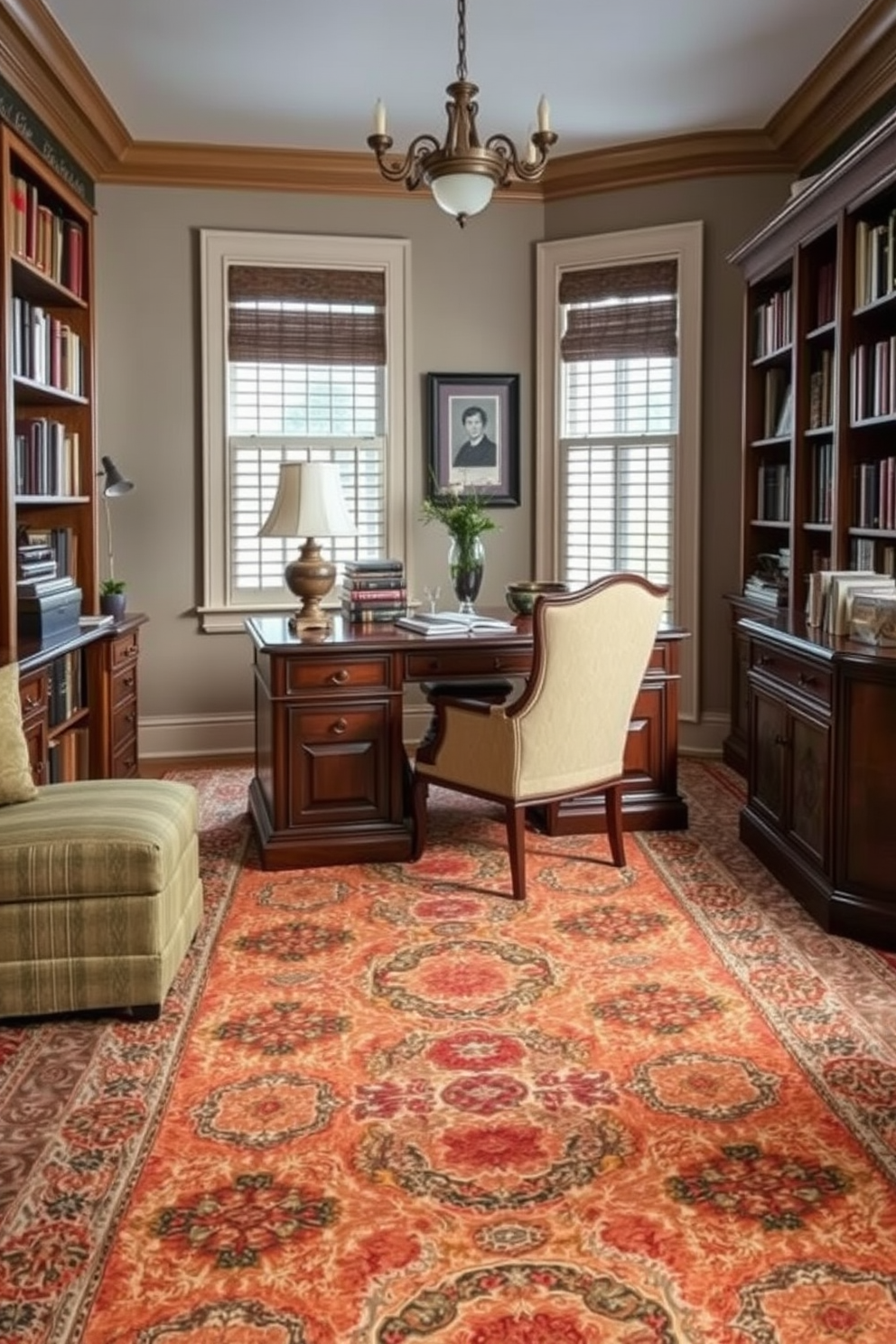 A contemporary office setting features a sleek desk made of glass and metal, complemented by an ergonomic chair in a bold color. The floor is adorned with a geometric rug that adds visual interest, while large windows allow natural light to fill the space. The walls are painted in a soft gray, providing a modern backdrop for framed artwork. A few potted plants are strategically placed around the room, bringing a touch of greenery to the home office atmosphere.