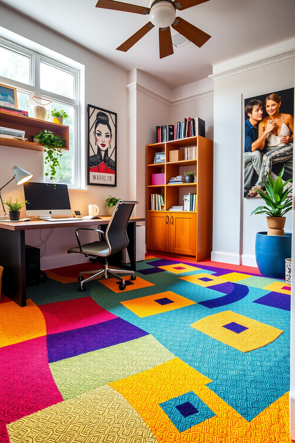 A vibrant home office filled with energy. The floor is adorned with a brightly colored carpet featuring geometric patterns that inspire creativity and productivity.