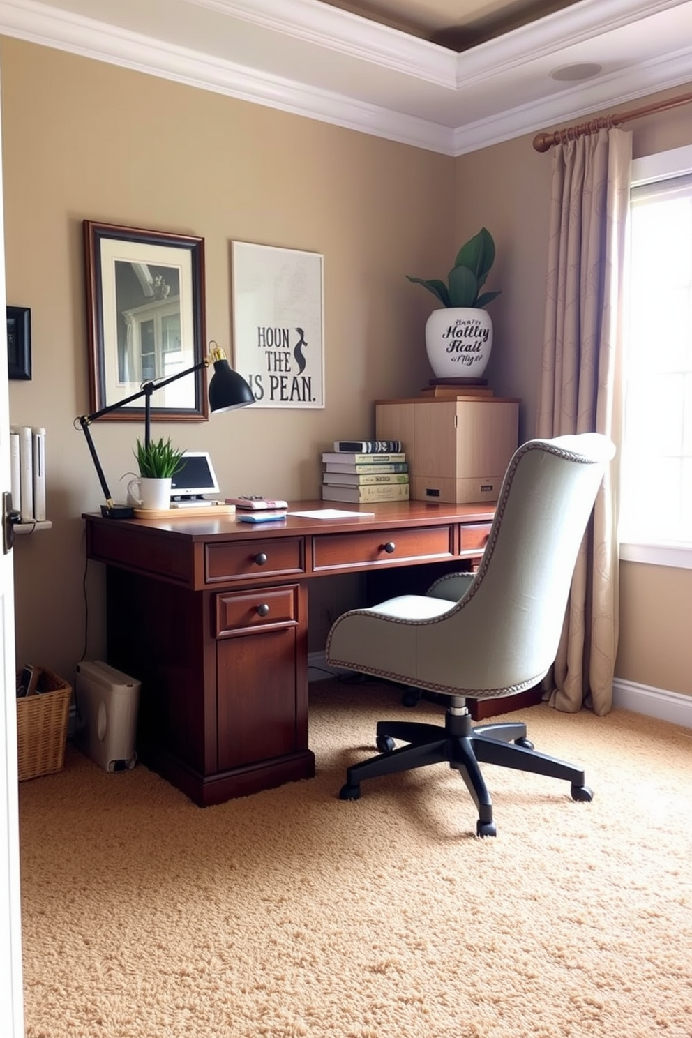 A cozy home office features a soft plush carpet in a warm neutral tone that adds comfort and style to the space. The desk is positioned near a window, allowing natural light to illuminate the room, while a comfortable chair complements the inviting atmosphere created by the carpet.