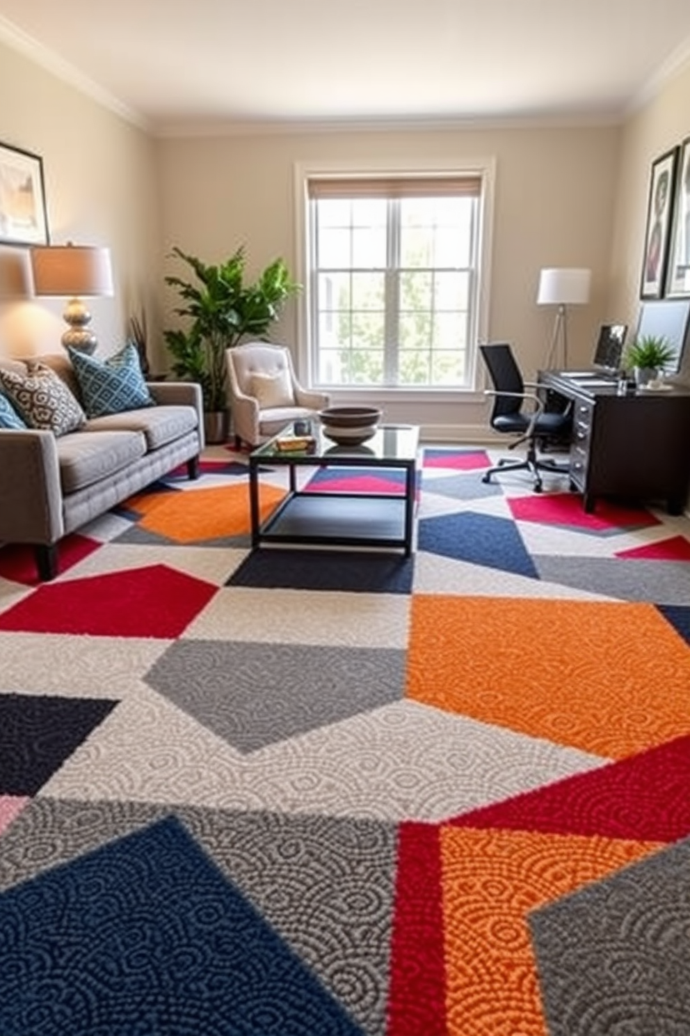 A stylish home office featuring a neutral carpet that serves as the foundation for bold color accents. A vibrant blue desk chair and a bright yellow desk lamp add a pop of color, while a large window allows natural light to illuminate the space. On the walls, framed artwork in bold hues complements the accents in the room. A sleek wooden desk holds essential office supplies, and a potted plant adds a touch of greenery to the inviting atmosphere.