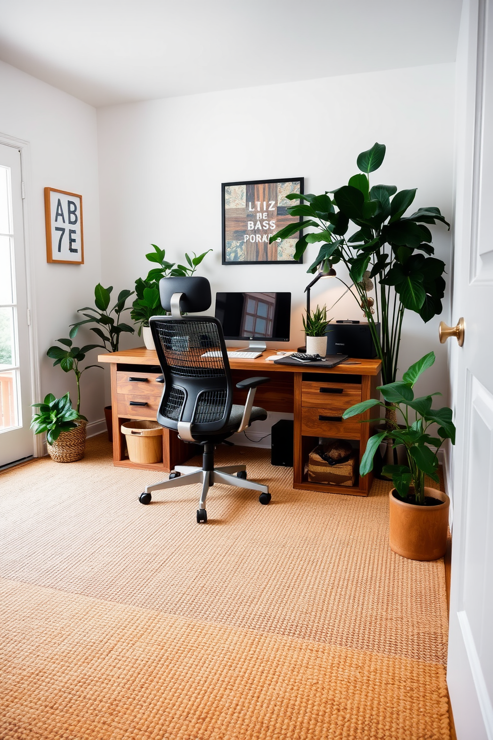 A serene home office featuring a natural fiber carpet that adds warmth and texture to the space. The desk is made of reclaimed wood, paired with a comfortable ergonomic chair, and surrounded by lush indoor plants for a refreshing atmosphere.