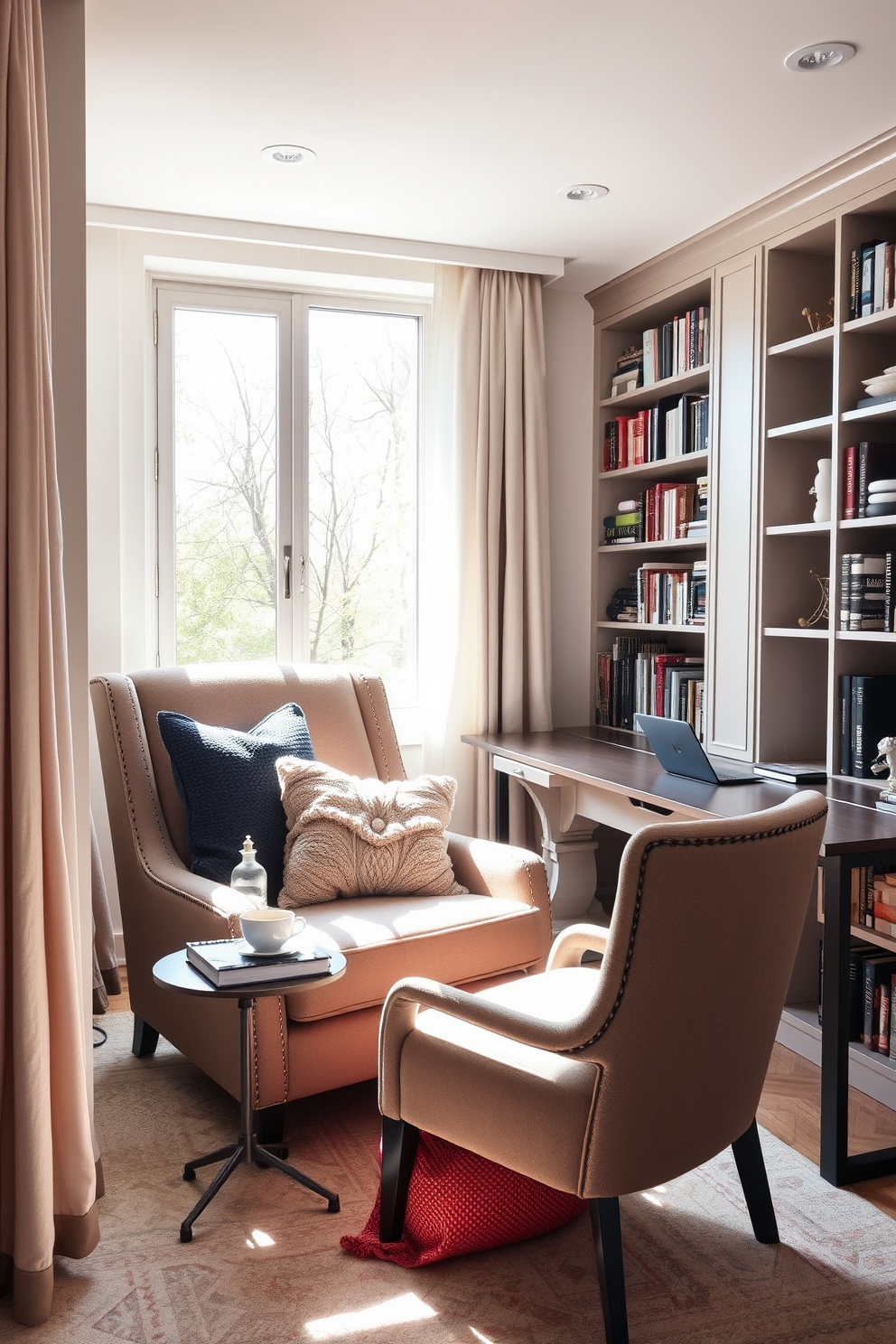 Cozy reading nook with natural light. A plush armchair is positioned next to a large window, allowing sunlight to flood the space. A small side table holds a stack of books and a steaming cup of tea. Soft, textured pillows are scattered on the chair, creating an inviting atmosphere. Home study room design ideas. A sleek desk faces the window, providing a view while working. Bookshelves line the walls, filled with an array of books and decorative items. A comfortable chair is placed in the corner, perfect for quiet reading or reflection.