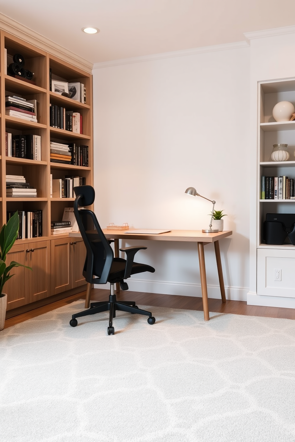 A cozy home study room with a large area rug that defines the workspace. The rug features a geometric pattern and is placed under a sleek wooden desk paired with a comfortable ergonomic chair. The walls are painted in a soft neutral tone, and a built-in bookshelf filled with books and decorative items lines one side of the room. A stylish desk lamp and a potted plant add warmth and personality to the study space.