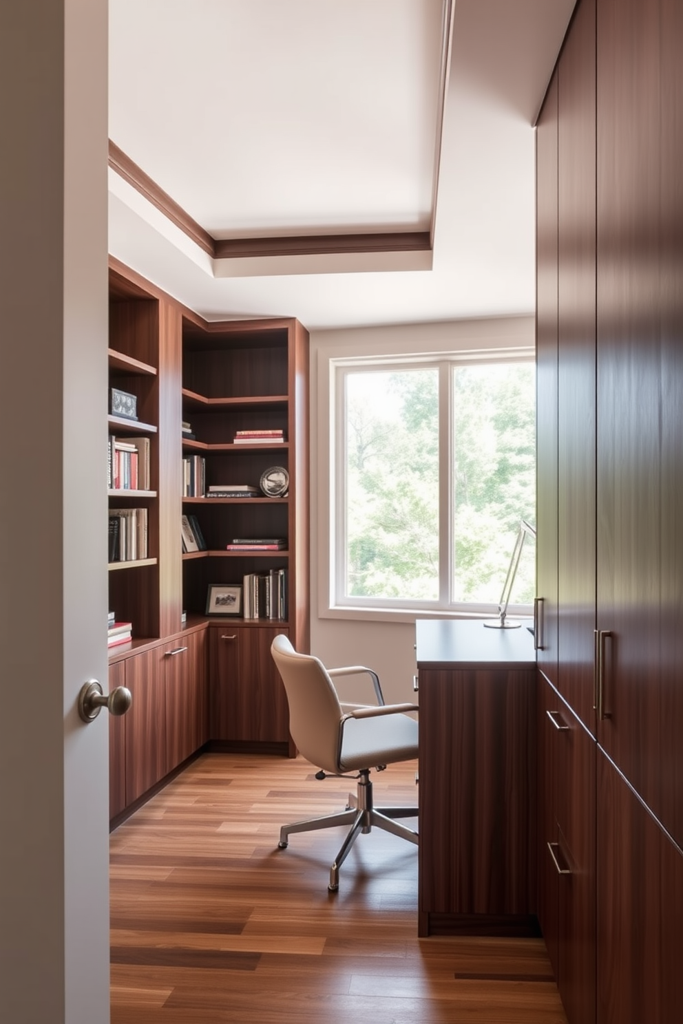 A stylish home study room features built-in cabinetry that seamlessly integrates with the walls, providing ample organized storage for books and supplies. The cabinetry is finished in a rich walnut wood, complemented by a sleek desk positioned under a large window that floods the space with natural light.