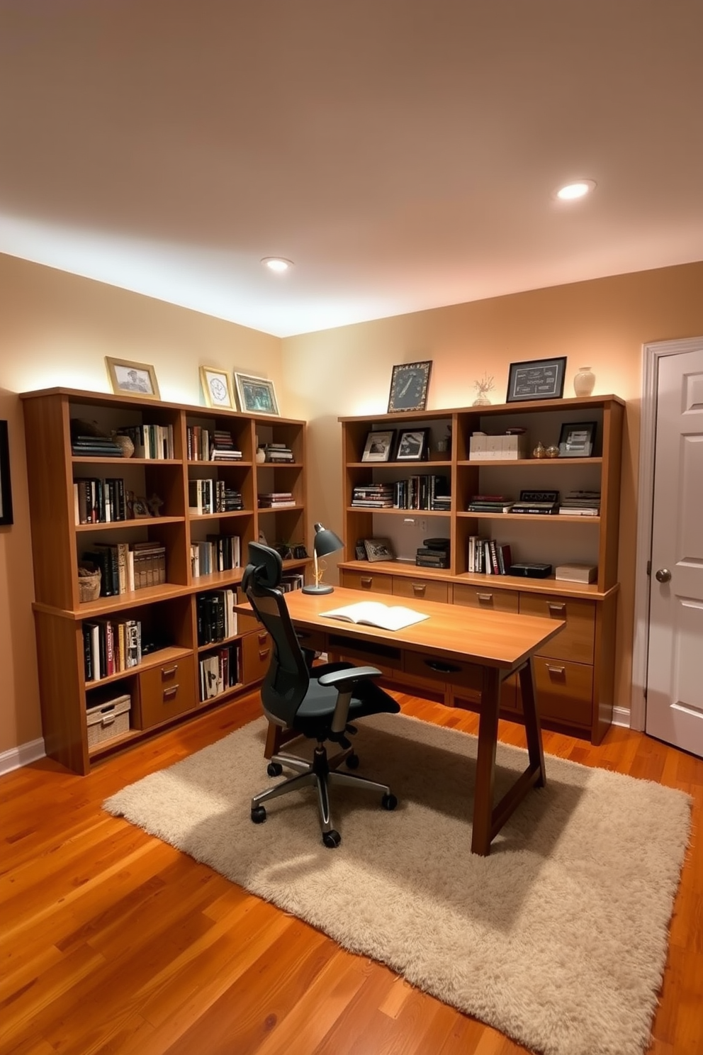 A cozy home study room featuring soft ambient lighting that creates a calming atmosphere. The space includes a large wooden desk with a comfortable ergonomic chair, surrounded by shelves filled with books and decorative items. Warm-toned wall paint enhances the inviting feel of the room, while a plush area rug adds texture underfoot. A stylish desk lamp provides focused light for reading and writing, complementing the gentle glow from the overhead fixtures.