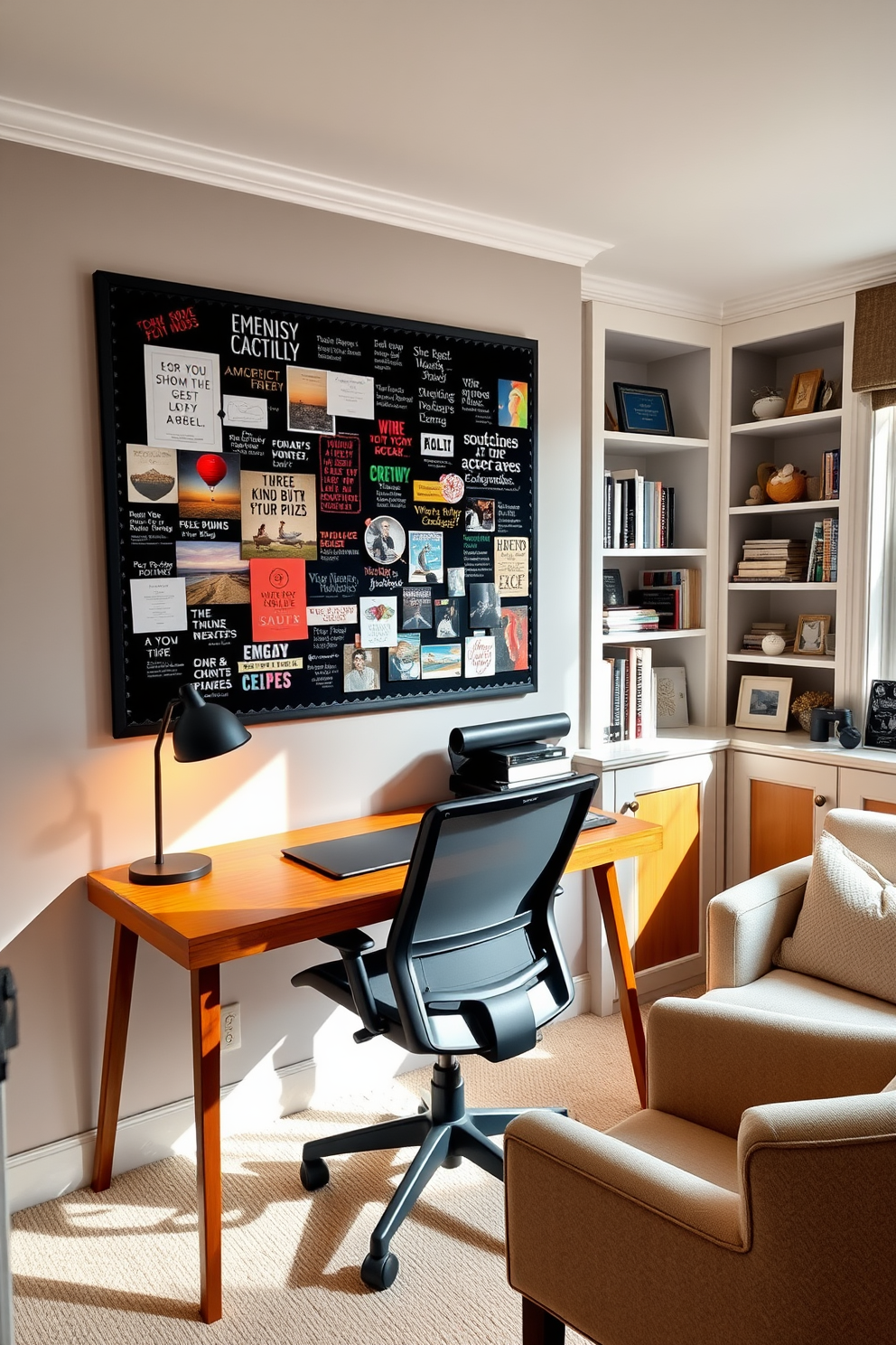 A personalized bulletin board filled with inspiring quotes and colorful images is mounted on the wall above a sleek wooden desk. The desk is accompanied by a comfortable ergonomic chair, and soft natural light pours in from a nearby window, creating an inviting workspace. The home study room features built-in shelves lined with books and decorative items, providing both functionality and style. A cozy reading nook with a plush armchair and a small side table adds a touch of comfort, making it the perfect spot for relaxation and focus.