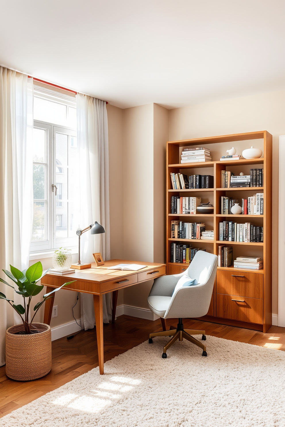 A serene home study room featuring soft beige walls and a warm wooden desk that provides a cozy workspace. A comfortable armchair in light gray sits beside the desk, complemented by a stylish bookshelf filled with curated books and decorative items. Natural light floods the room through large windows adorned with sheer white curtains, enhancing the tranquil atmosphere. A plush area rug in neutral tones anchors the space, while a small potted plant adds a touch of greenery to the decor.