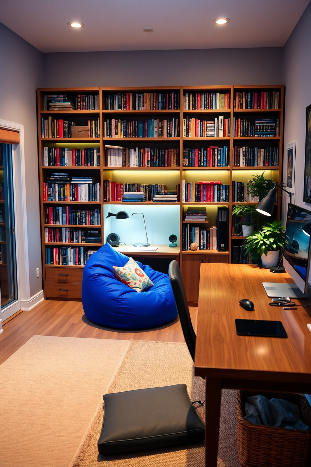 A cozy home study room featuring a comfortable bean bag chair in a vibrant color. The room is adorned with a large wooden desk, a bookshelf filled with books, and warm ambient lighting to create an inviting atmosphere.