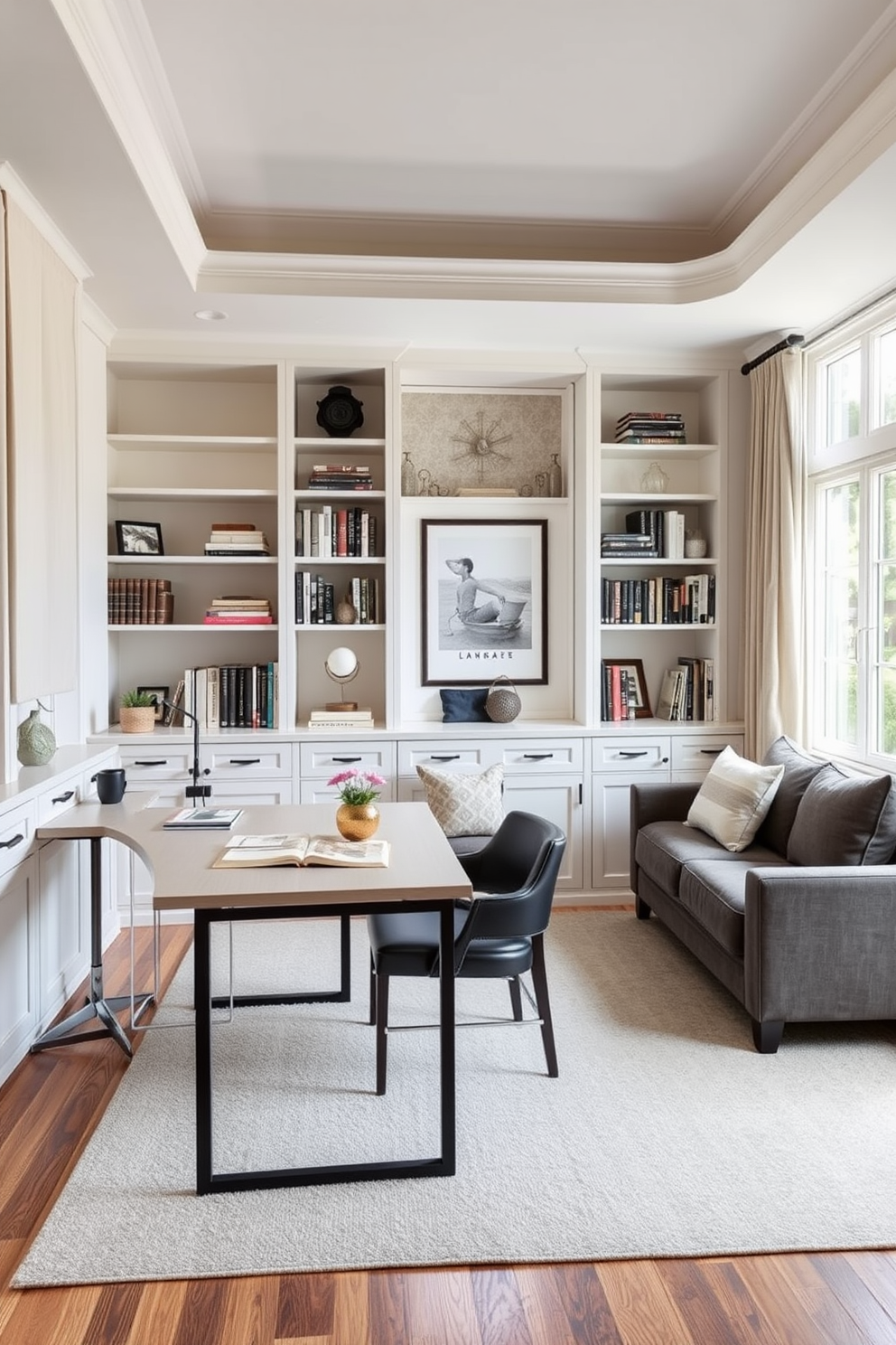 A stylish home study room featuring dual-purpose furniture that maximizes space and functionality. The room includes a sleek desk that transforms into a dining table and a comfortable sofa that converts into a guest bed. The walls are adorned with built-in shelves filled with books and decorative items, creating an inviting atmosphere. Natural light floods the space through large windows, complemented by soft, neutral-colored curtains.