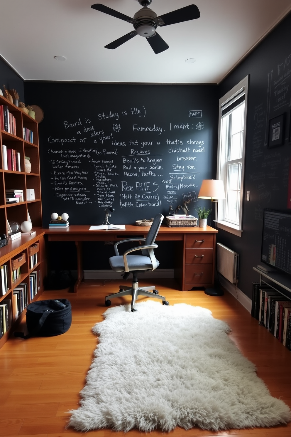 A cozy home study room features a large chalkboard wall that serves as a creative space for notes and ideas. The room is filled with natural light from a nearby window, complemented by a sturdy wooden desk and a comfortable ergonomic chair. Bookshelves line one side of the room, filled with an array of books and decorative items. A plush area rug adds warmth to the hardwood floor, while a stylish desk lamp provides focused lighting for late-night study sessions.