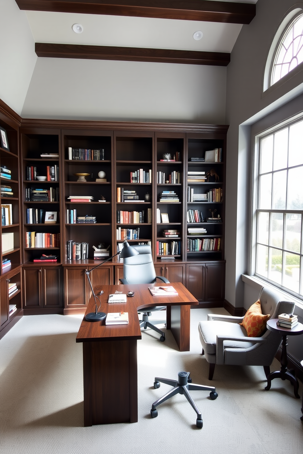 Functional shelving for easy access to books. The shelves are built into the wall, showcasing a mix of books and decorative items, with a comfortable reading chair positioned nearby. The walls are painted in a soft gray hue, creating a calming atmosphere. A large window allows natural light to flood the space, enhancing the inviting ambiance of the home study room.