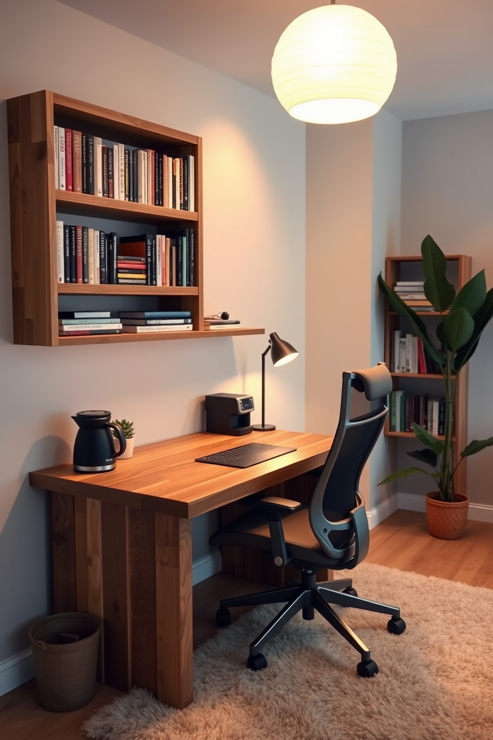 A cozy home study room featuring a small coffee station nestled in the corner. The desk is made of reclaimed wood, paired with a comfortable ergonomic chair, and a bookshelf filled with neatly arranged books lines the wall. Soft ambient lighting illuminates the space, creating a warm and inviting atmosphere. The walls are painted in a calming light gray, and a plush area rug adds texture underfoot, while a potted plant brings a touch of greenery to the room.