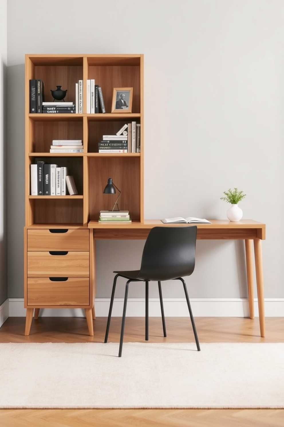 Cozy reading nook with built-in shelves. A plush armchair is positioned next to a large window, surrounded by floor-to-ceiling built-in shelves filled with books and decorative items. Home study room design ideas. The study features a sleek wooden desk facing the window, complemented by an ergonomic chair and soft ambient lighting that creates a warm atmosphere.