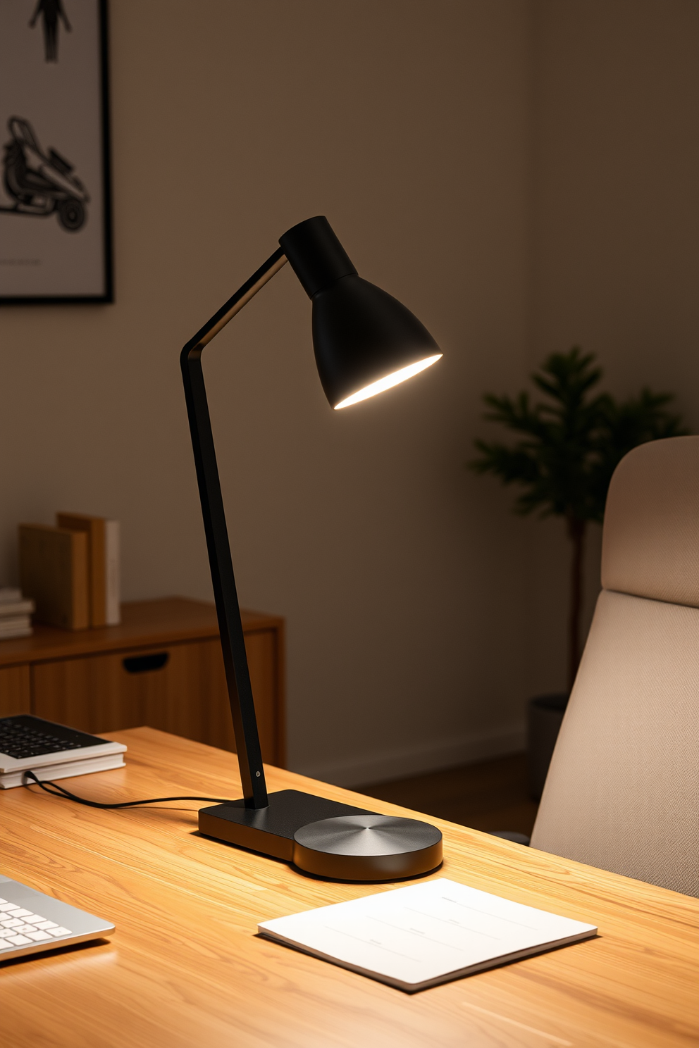 A stylish desk lamp with a sleek design and warm light sits on a modern wooden desk. The lamp provides focused illumination, enhancing productivity in a cozy home study room adorned with minimalist decor and a comfortable chair.