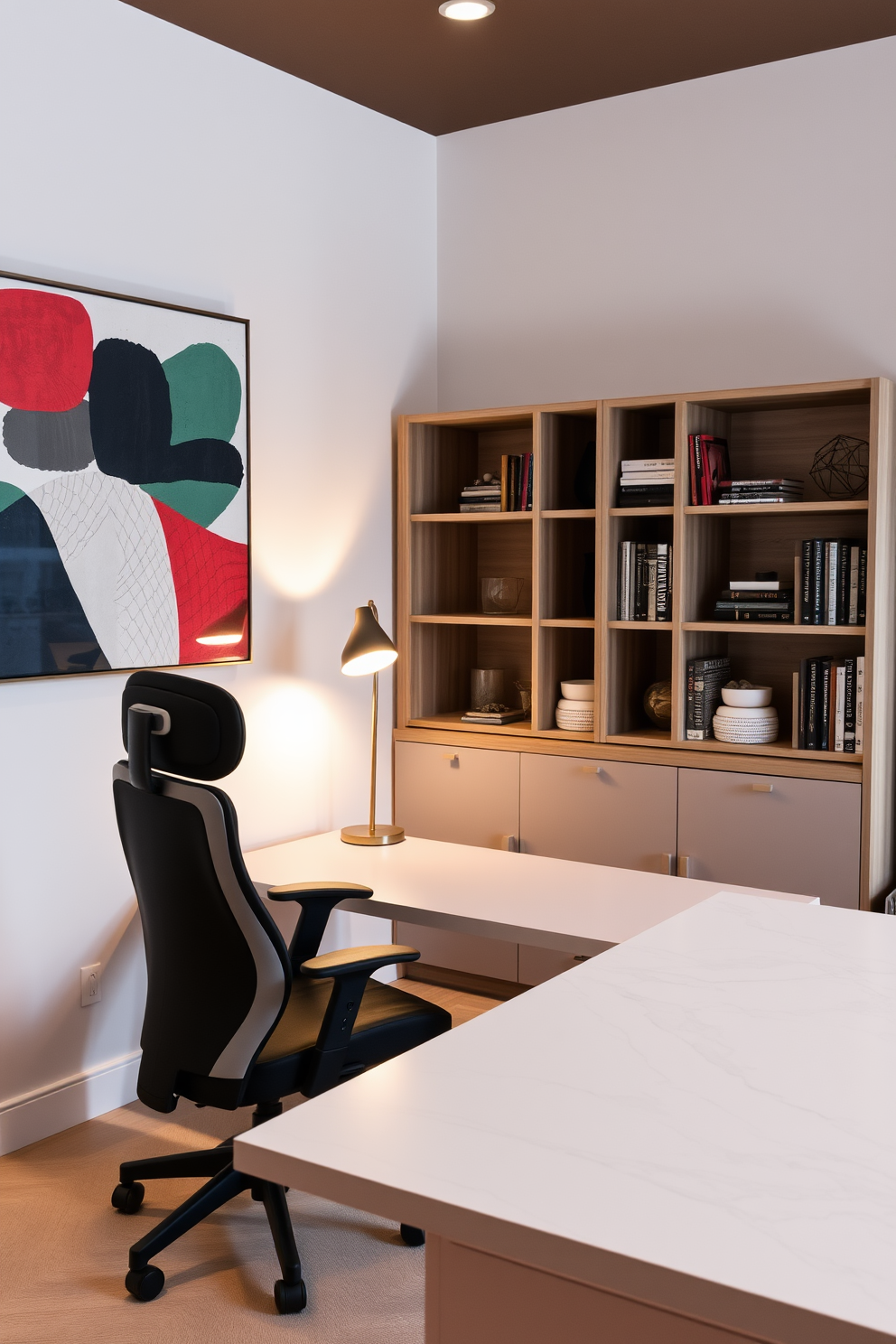 A contemporary home study room featuring a sleek desk with geometric patterns on the surface. The walls are adorned with abstract art that incorporates bold colors and shapes to enhance the visual interest. A comfortable ergonomic chair sits at the desk, complemented by a modern bookshelf filled with books and decorative items. Soft lighting from a stylish lamp casts a warm glow, creating an inviting atmosphere for productivity.