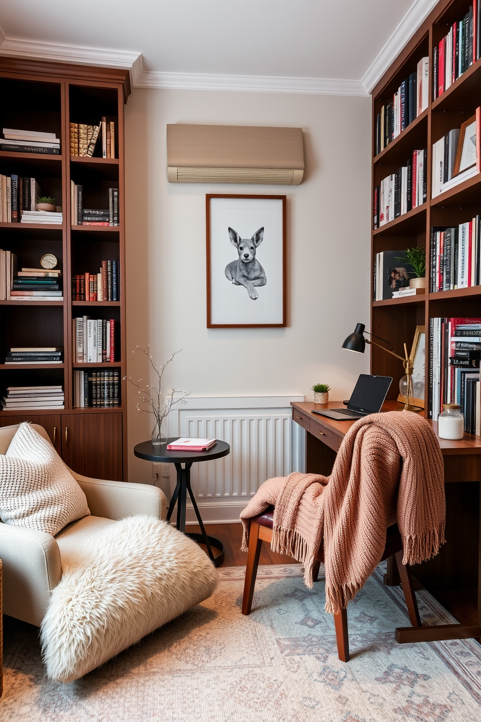 Create a cozy corner with plush cushions in a home study room. The space should feature a comfortable armchair, a small side table, and a warm throw blanket draped over the chair. Incorporate a wooden desk with stylish stationery and a laptop on top. The walls should be adorned with bookshelves filled with books and decorative items, creating an inviting atmosphere for productivity.