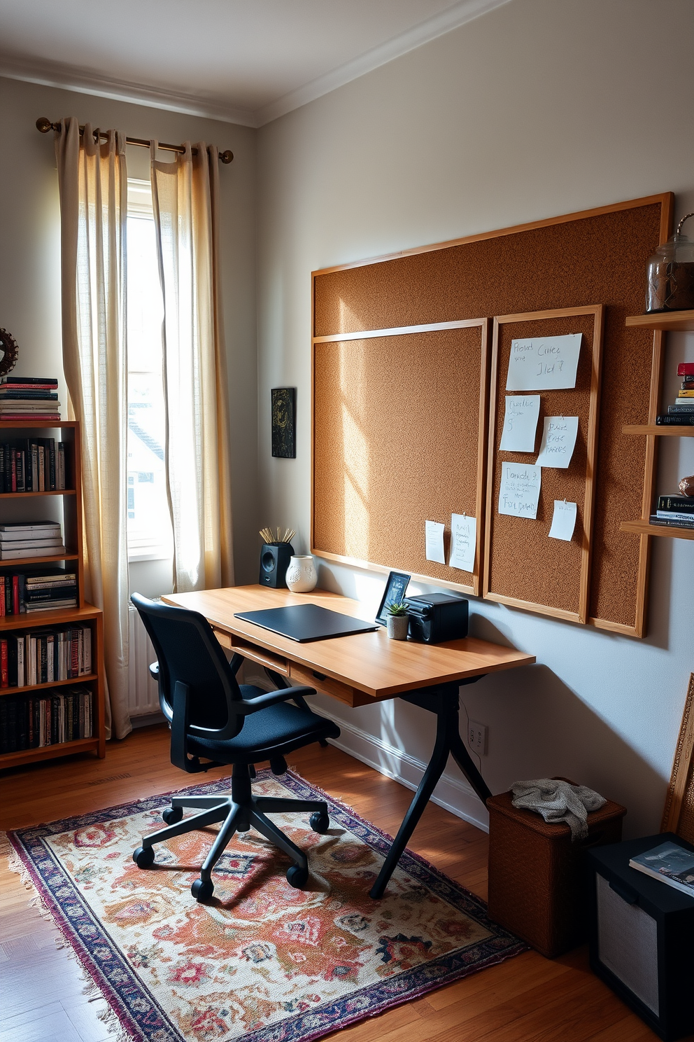 A cozy home study room features a large corkboard mounted on the wall for reminders and inspiration. The room is filled with a wooden desk and an ergonomic chair, along with shelves lined with books and decorative items. Natural light pours in through a window adorned with soft curtains, creating a warm and inviting atmosphere. A stylish rug is placed under the desk, adding comfort and a touch of color to the space.