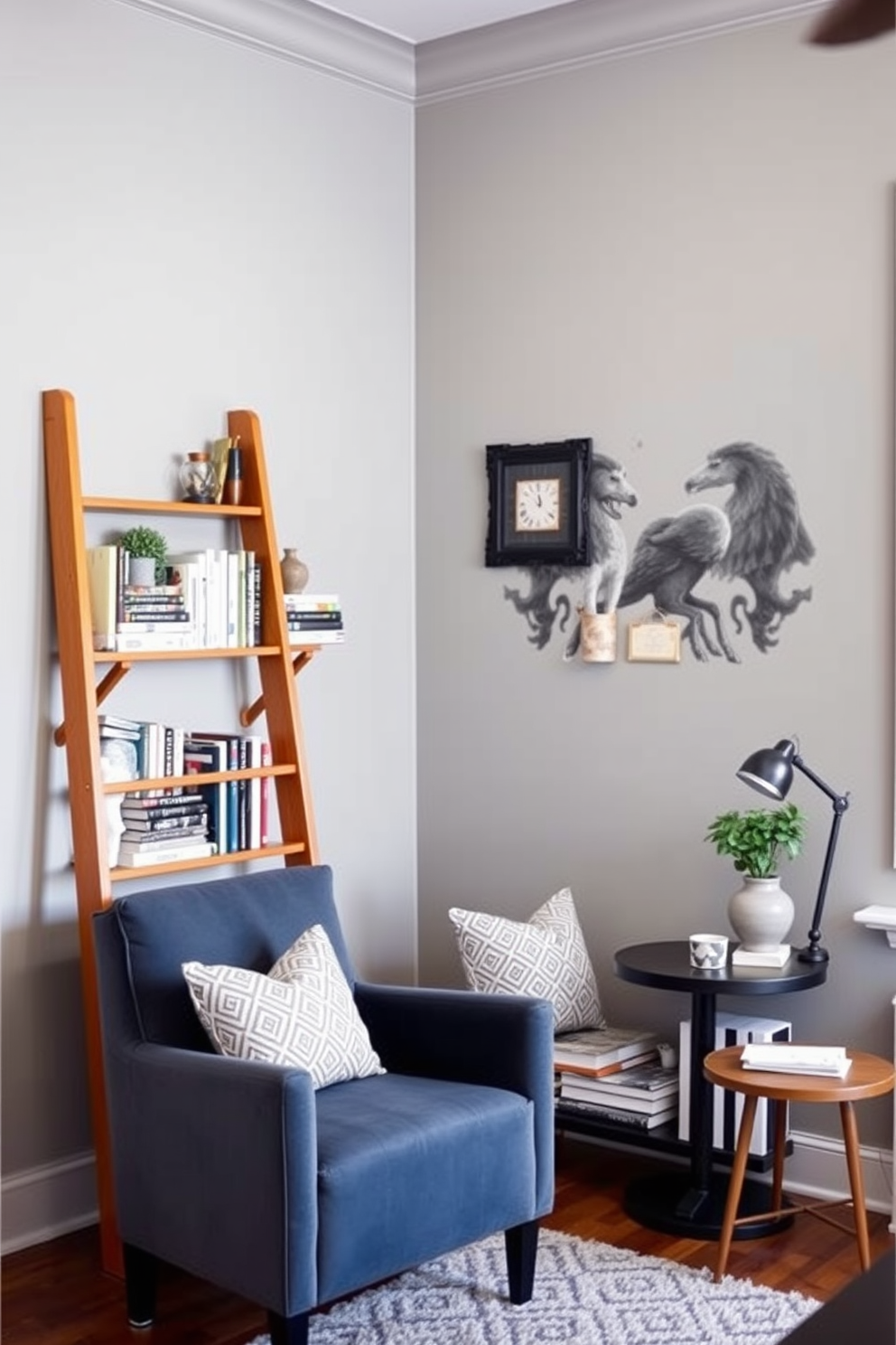 A cozy home study room featuring a stylish ladder shelf filled with neatly arranged books and decorative items. The walls are painted in a soft gray hue, and a comfortable armchair is placed in the corner next to a small side table.